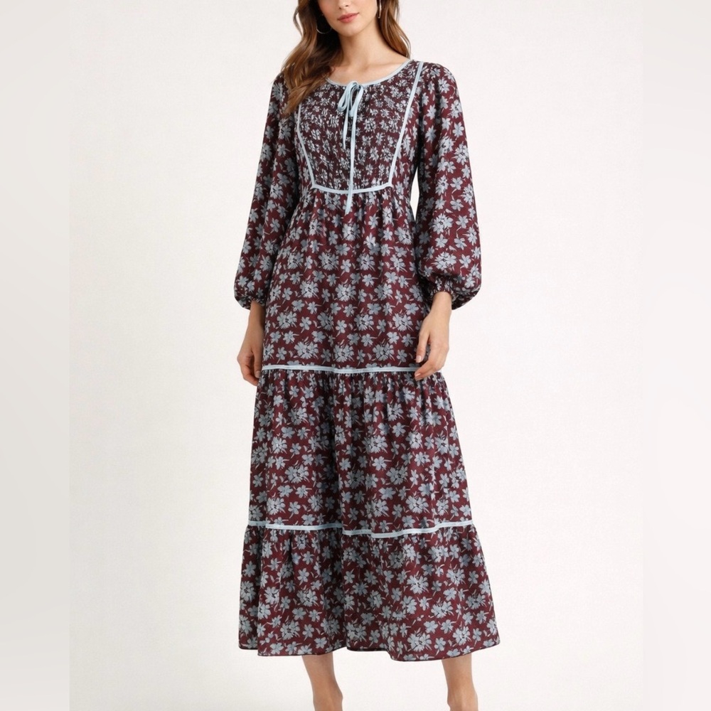 She + Sky brown and White Floral Long Sleeve Dress